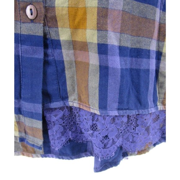 LOGO Lori Goldstein Top Small Button Down Shirt Plaid Pockets Lace - Picture 6 of 12